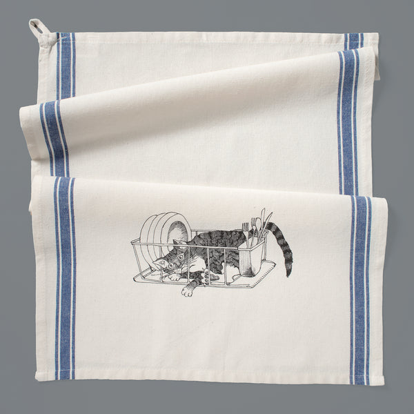 Dishrack cat blue stripe kitchen towel