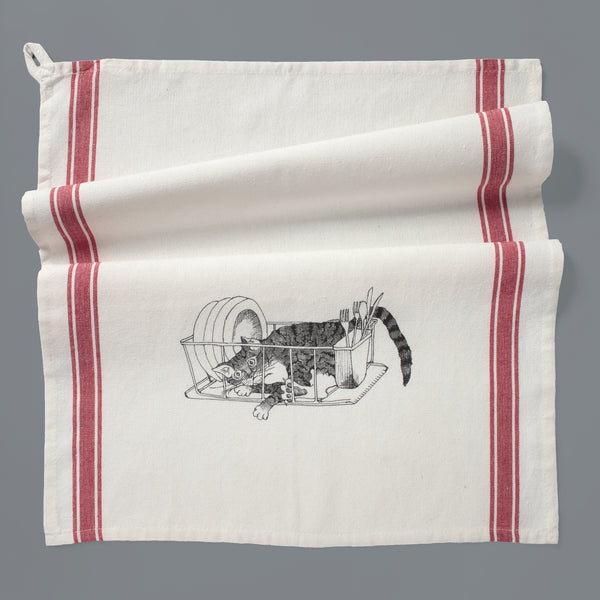 Dishrack cat red stripe kitchen towel