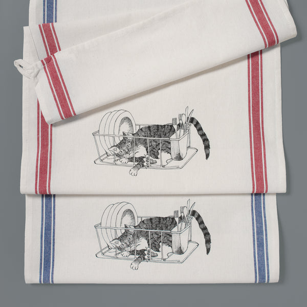 Dishrack cat kitchen towel set, red stripe and blue stripe